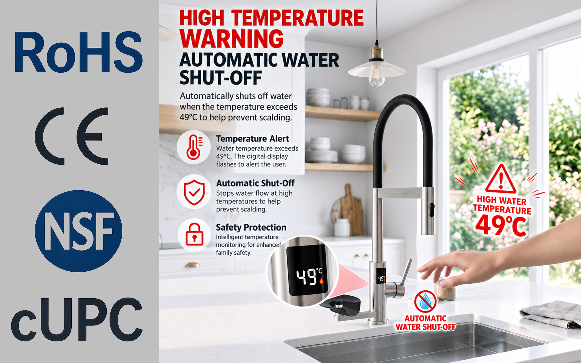 Smart Digital Display Kitchen Faucet with 49°C Auto Water Cut Off & Cup Washer